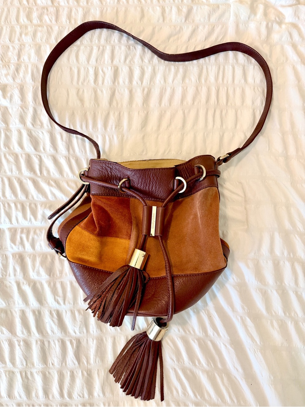 See by Chloé Vicki Bucket Bag Brown Patchwork Suede Leather Tassel Crossbody